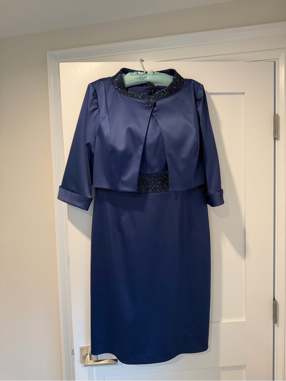 Cachet Navy Blue Two-Piece Midi Dress with Beaded Trim